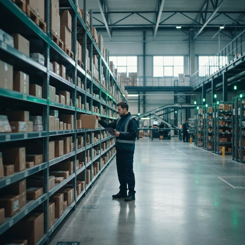 Depozit de fulfillment modern cu operator care gestionează colete pentru firme